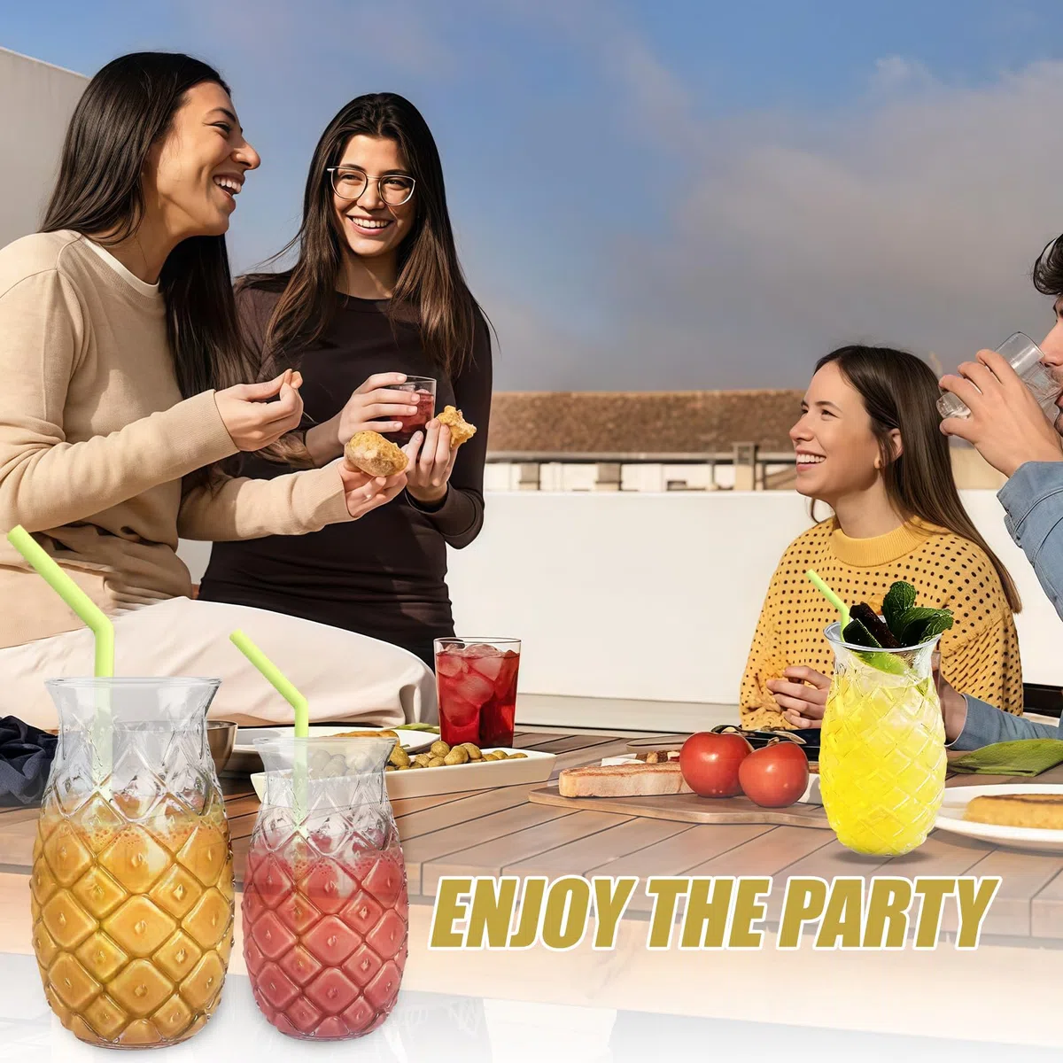 Juego de 4 vasos de piña: 400 ml, vasos de cóctel transparentes con relieve de piña, vasos de fiesta reutilizables con 4 pajitas + cepillos de paja, vasos de zumo en forma de piña para casa