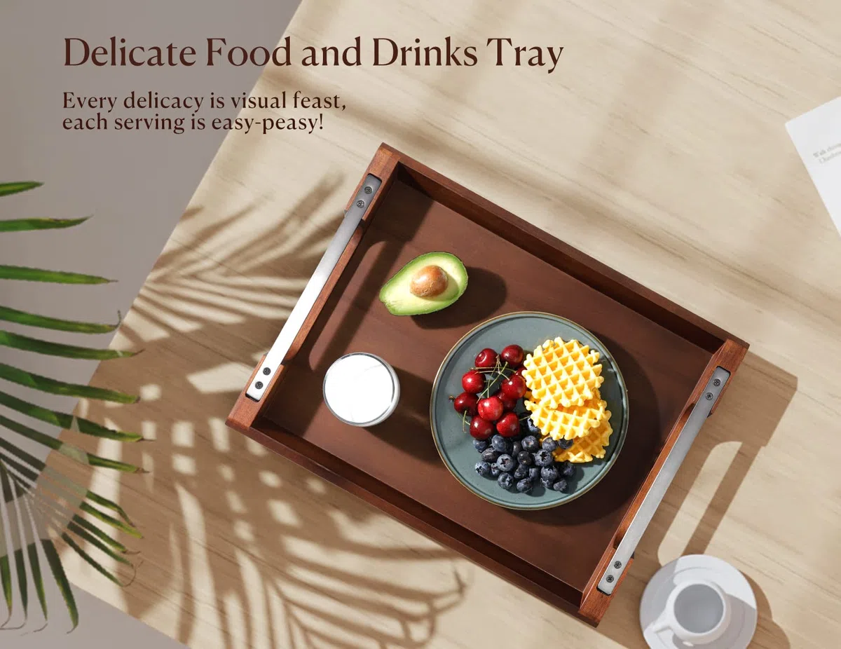 Bandeja de Servir de Madera de Acacia con Asas de Metal, Bandeja de Madera para Alimentos y Bebidas para la Mesa de Café, Desayuno, Cena y Bar, Bandeja de Almacenamiento Decorativa Rústica