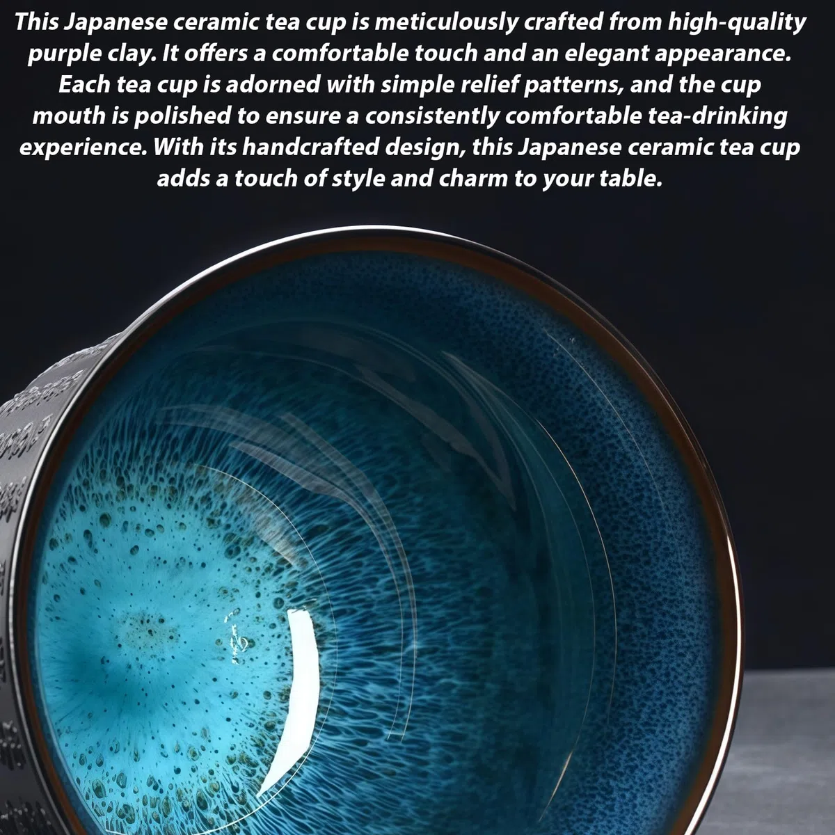 GOMETY Juego de 4 tazas de té japonesas, 165 ml, tazas de té asiáticas pequeñas, tazas de cerámica sin asa, tazas de té de porcelana con texto de buena suerte en relieve para té, sake café regalos