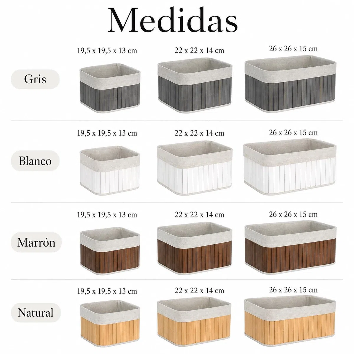 HERSIG - Cesta de Bambu | Cesta Decorativa Cuadrada Color Blanco - 26x26x15 cm - 22x22x14cm - 19,5x19,5x13cm - Pack 3 Unidades