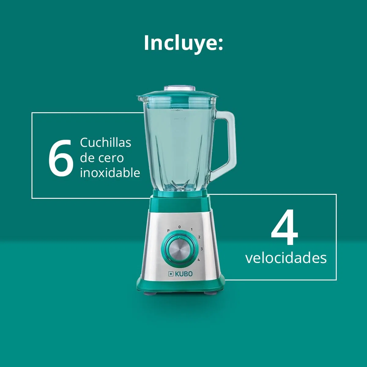KUBO - Batidora de Vaso - Jarra de Cristal - Potencia 1000W - 4 velocidades - 6 Cuchillas de Acero Inoxidable - Capacidad: 1.5l
