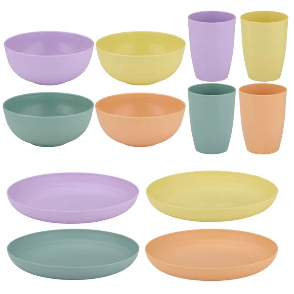 alpina Vajilla de camping para 4 personas, vajilla de plástico, vasos, platos y cuencos, 12 unidades, apto para lavavajillas