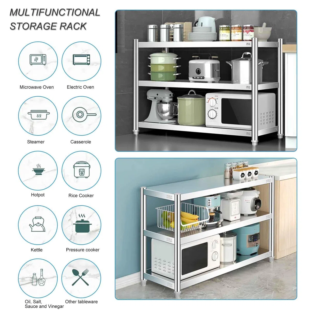 Estantes de almacenamiento de cocina de 3 niveles, estantes de metal ajustables en altura de acero inoxidable 304, estante de almacenamiento de alimentos y bebidas, estante de almacenamiento de