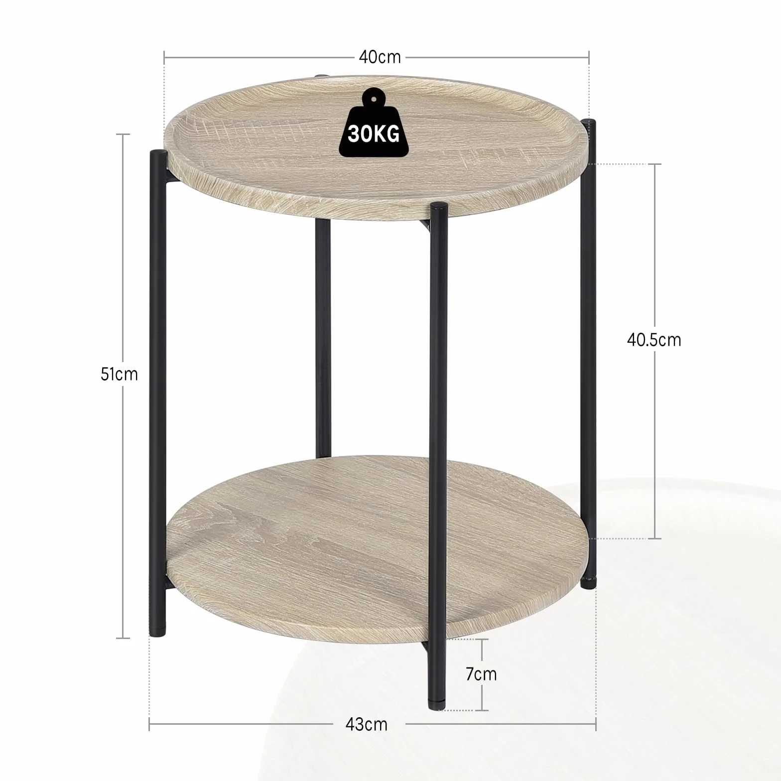 WOLTU Mesa de Centro, Mesa Auxiliar Redonda con 2 Estantes, Mesita de Noche, Mesilla para Sofá Dormitorio y Salon, MDF+Metal, Roble Claro y Negro, 43x43x51 cm, BTS06hei