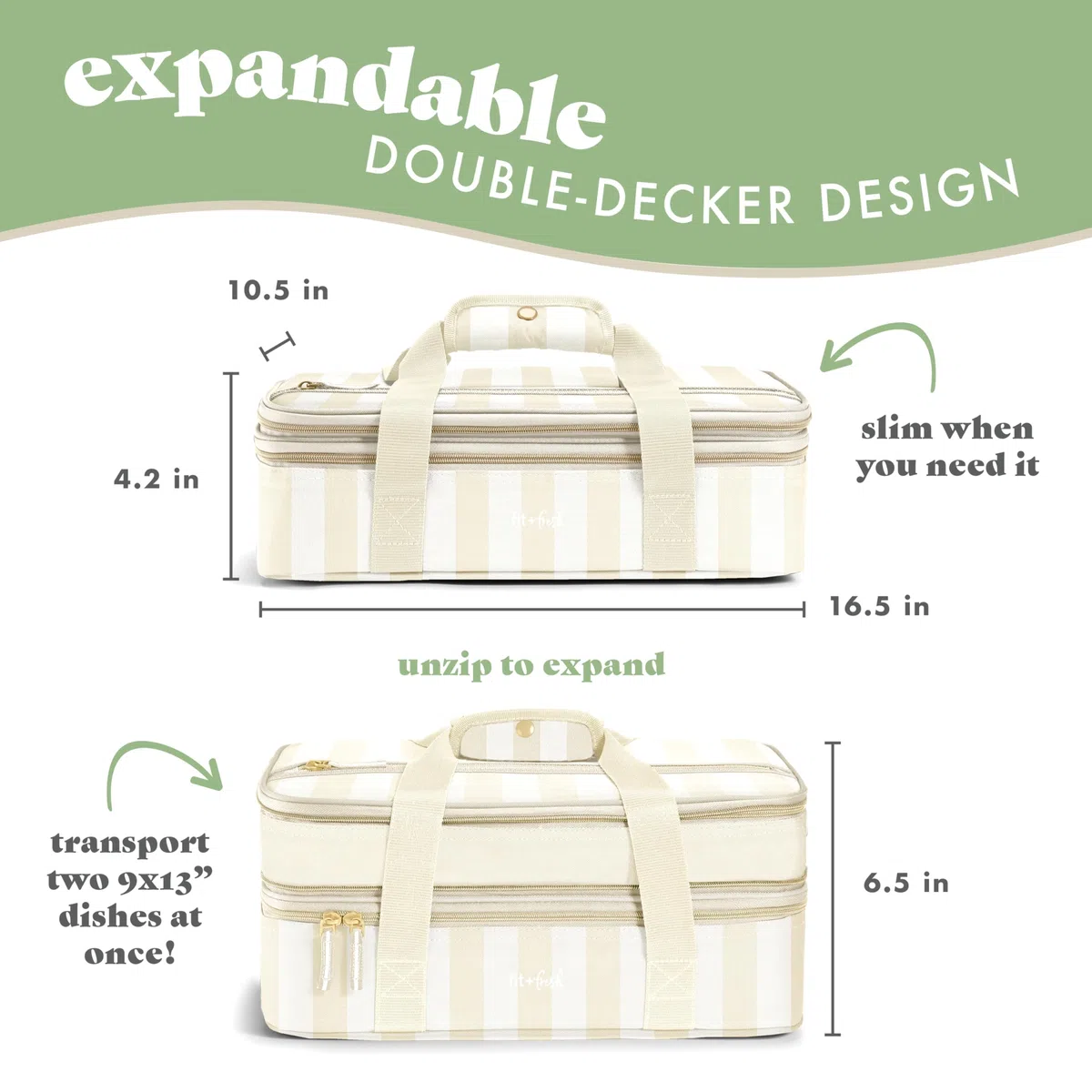 Fit & Fresh Cazuela aislada, transportador de alimentos de dos pisos para dos platos de 9 x 13 pulgadas, bolsa expandible de transporte de alimentos fríos y calientes con bolsillo con cremallera para