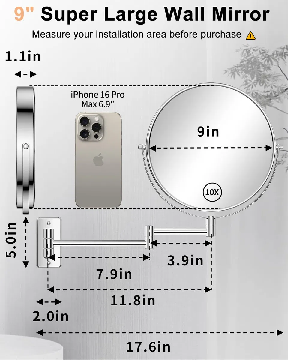 Gospire - Espejo de Maquillaje con Espejo Giratorio de Doble Cara y Aumento de 7X, Acabado en Cromo Pulido, 22,86 cm