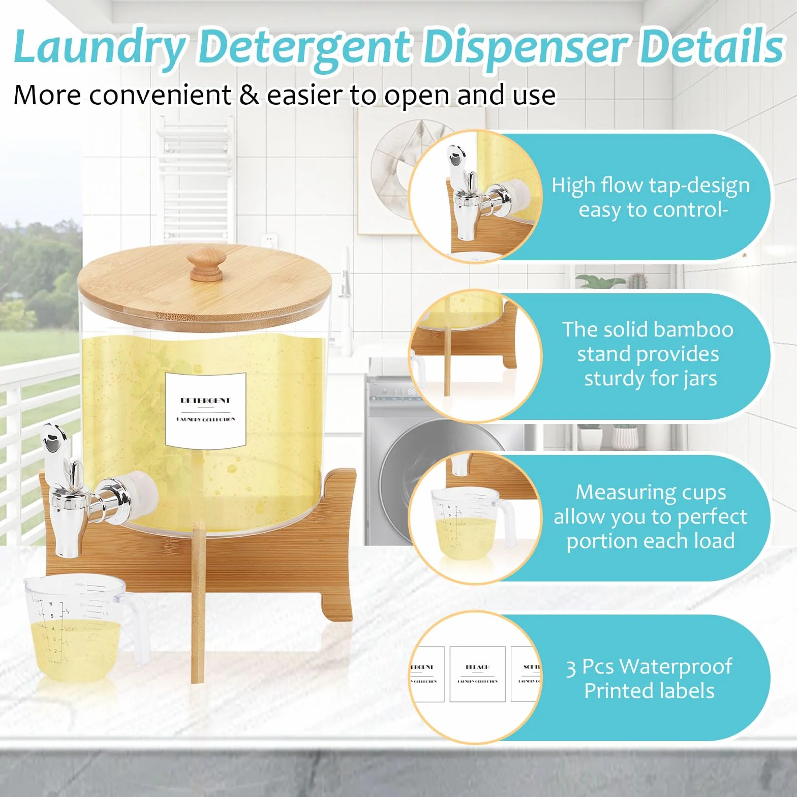 Dispensador de Detergente,Recipientes de Almacenamiento de Lavandería con Soporte de Madera,Grifo y Tapa,Tarros de Almacenamiento de Detergente,Botella de Almacenamiento de Suavizante de Tela
