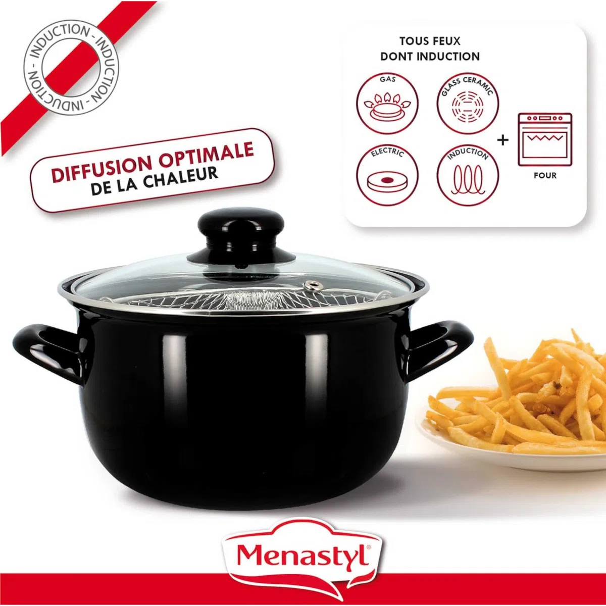 MENASTYL 3645579 - Freidora de 20 cm de acero esmaltado negro y borde cromado, incluye tapa y cesta, para deliciosas patatas fritas caseras