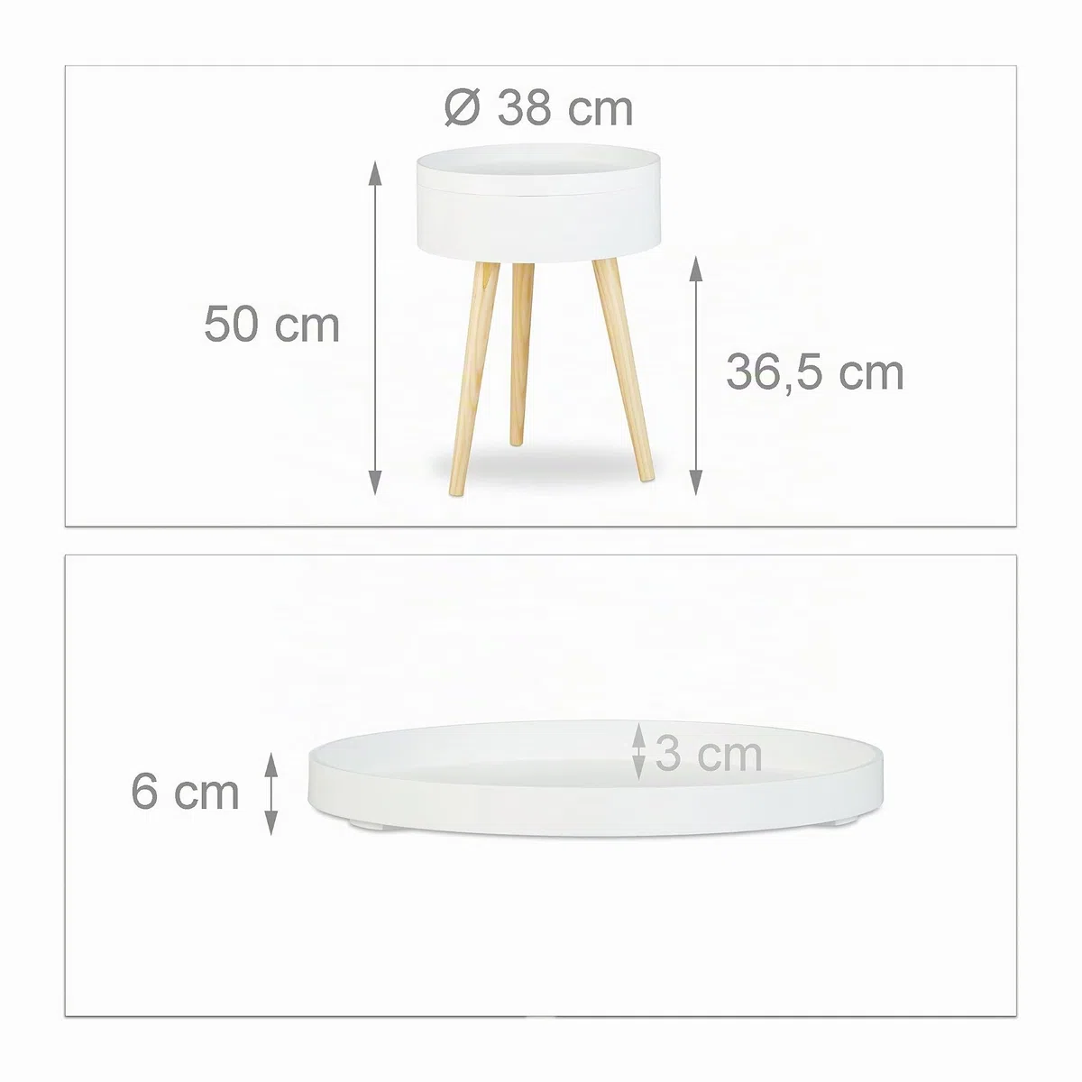Relaxdays Mesa Auxiliar Redonda Nórdica con Bandeja, Madera, Blanco, 50x38x38 cm