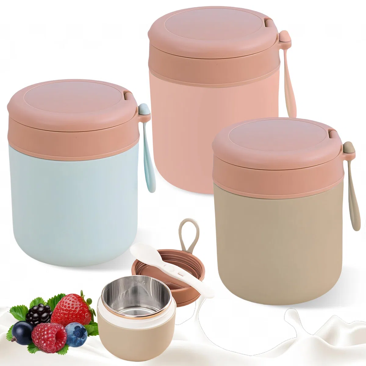 Recipiente térmico de acero inoxidable para comida: 3 cuencos térmicos con cuchara, 430 ml, aislados al vacío, termo para comida para niños, color azul, rosa y verde