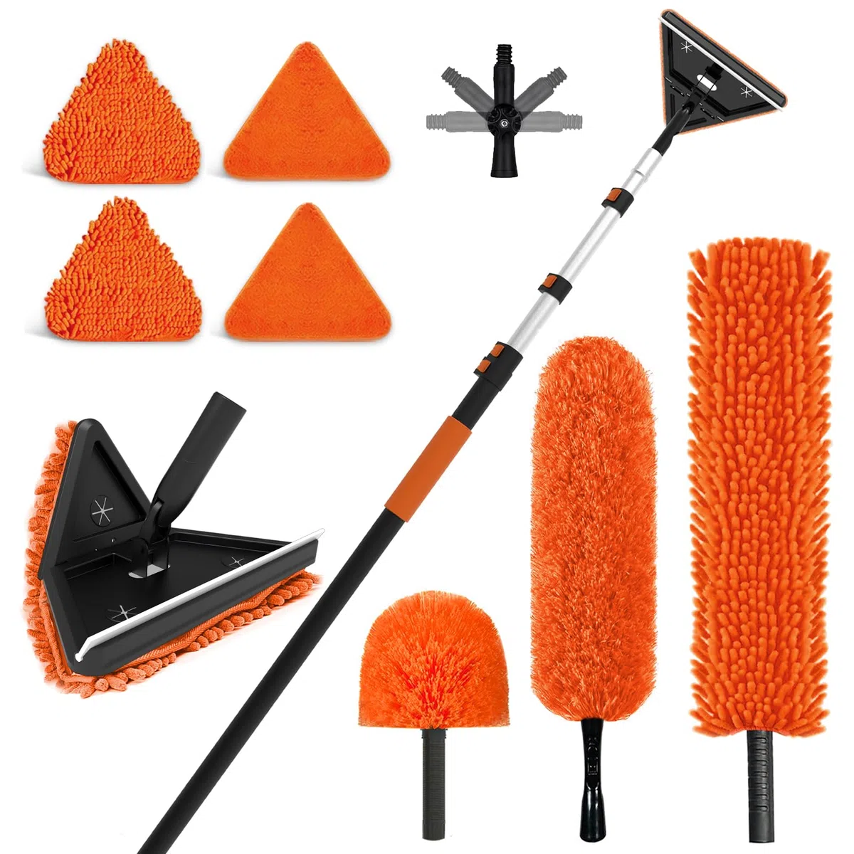 SISUPASSIE Kit de plumero extensible de 7,2 m, kit de limpiador de paredes y ventanas de mango largo con poste extensible profesional, plumero lavable de largo alcance para limpiar ventanas, telarañas