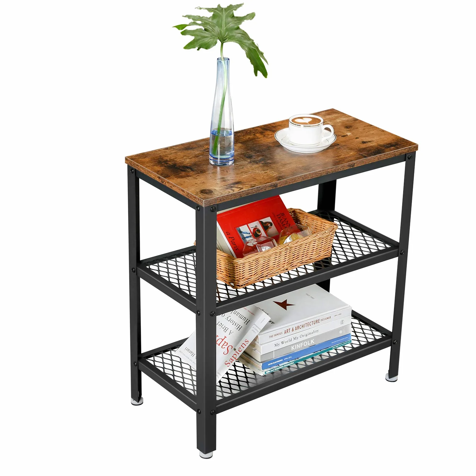 VASAGLE LET33BX - Mesa Auxiliar (2 estantes de Malla, para Pasillo, salón, Dormitorio, Oficina, Ahorro de Espacio, Montaje fácil, Estilo Industrial, marrón rústico
