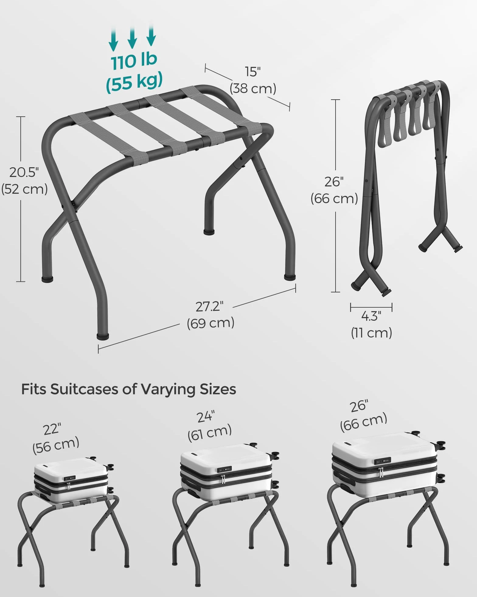 SONGMICS Portaequipajes para habitación de invitados, juego de 2 soportes para maleta, marco de acero plegable, para hotel, dormitorio, soporta hasta 110 libras, 27.2 x 15 x 20.5 pulgadas, gris