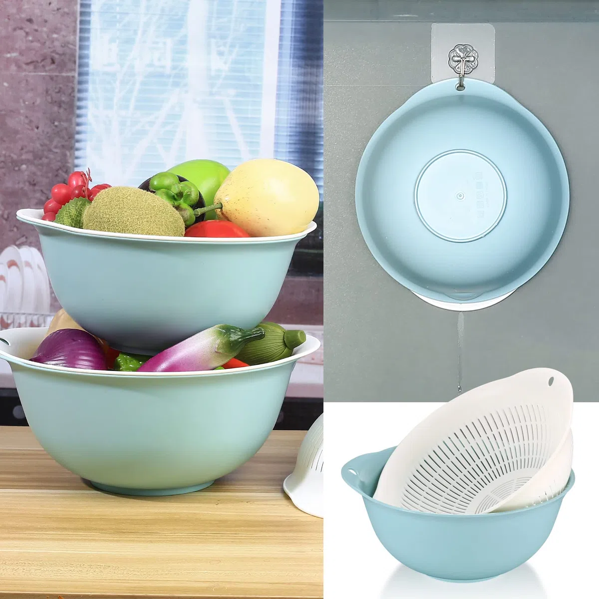 3 Piezas Coladores de Cocina Plastico, 2 en 1 Cesta de Drenaje Multifuncional, Coladores de Alimentos para Escurrir Pasta, Frutas, Verduras