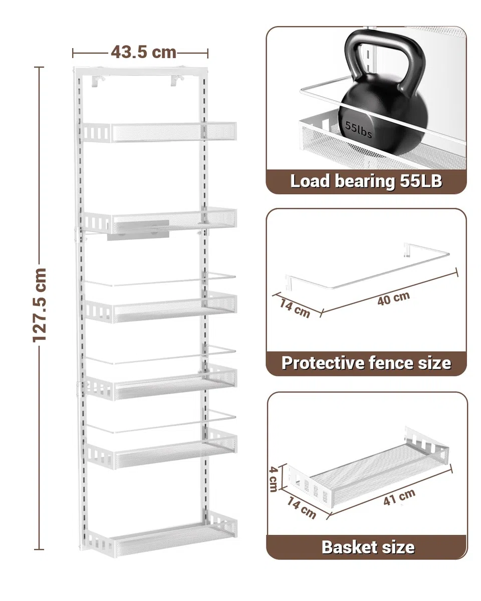 Almacenamiento Sobre la Puerta, Organizador de Despensa de Puerta Ajustable de 6 niveles con Gancho Para Cada, Estante de Especias de Metal Colgante en la Puerta Trasera para Cocina Baño, Blanco