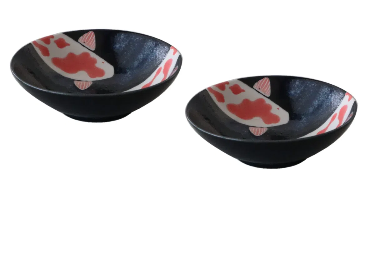 Cuenco japonés de arroz de cerámica Mino-yaki, juego de 2 cuencos, 14,5 cm, diseño de carpa roja, color negro, fabricado en Japón