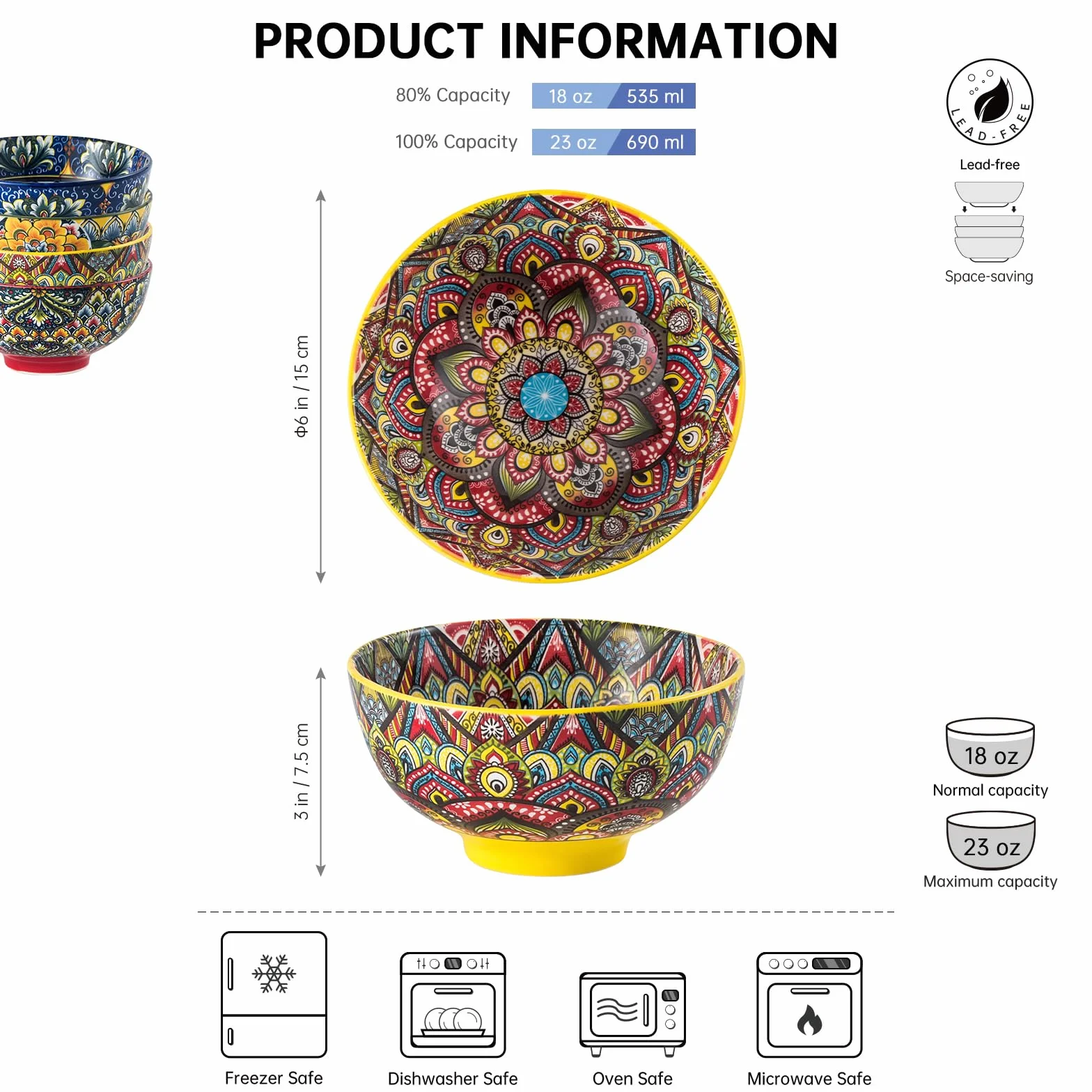 Henten Home Tazones para Cereales, Juego de Cuencos de Cerámica para Sopa de 6 X 690ML, Cuencos para servir Cereales, Sopa, Copos de Maíz, Desayuno, Cuencos Coloridos con Patrón de doble cara