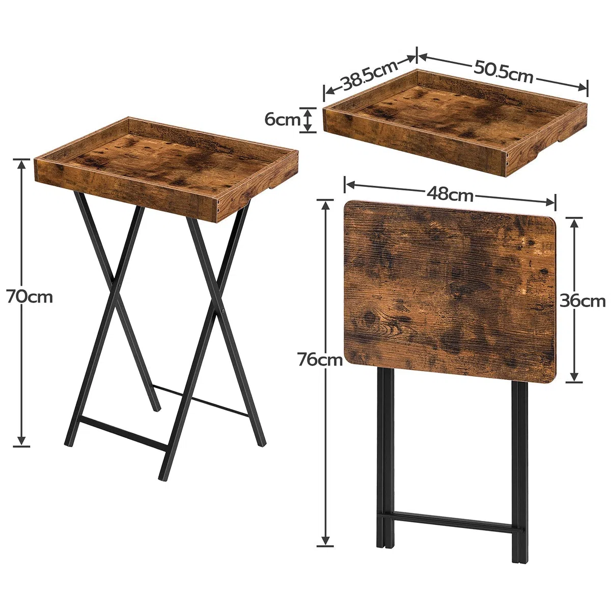 HOOBRO Mesa Auxiliar con Bandeja, de Sofá Plegable con Bandeja Extraíble de Madera, Mesita de Café de Estilo Vintage con Estructura Metálica, Estilo Industrial Contemporáneo, Marrón Rústico EBF29BZ01