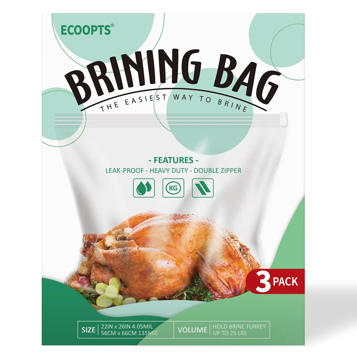 Bolsa de salmuera de pavo de ECOOPTS de 3 unidades,Bolsa extra grande de salmuera de 26x22 pulgadas,Bolsas de salmuera con cierre doble,Sin BPA