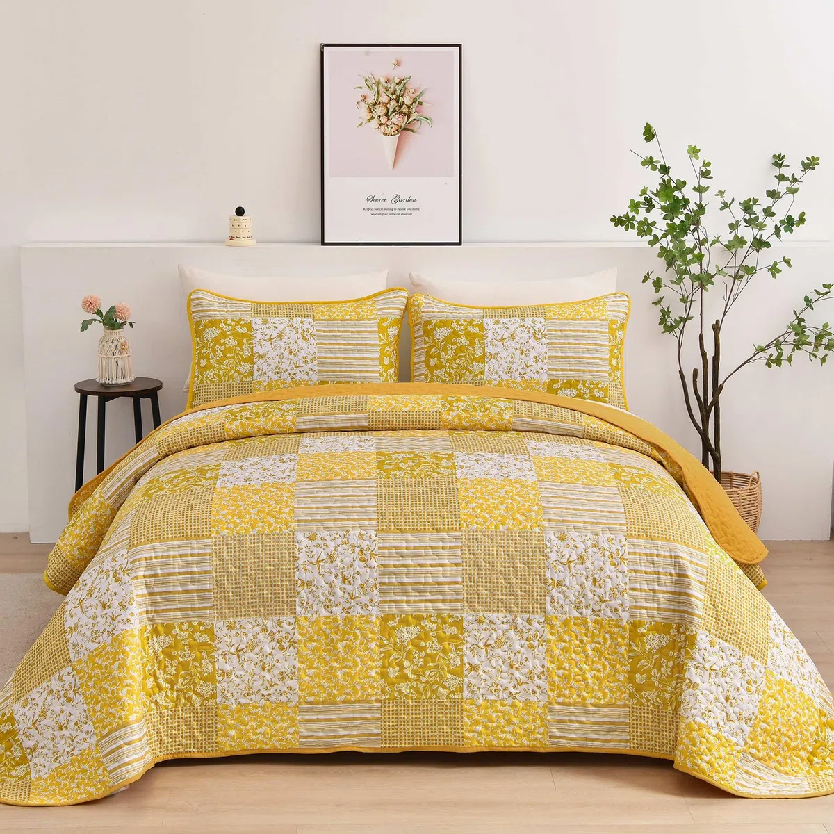 Mybedsoul Juego de edredón Bohemio Amarillo tamaño Queen, Juego de Colcha Floral a Cuadros de 3 Piezas, Juego de Ropa de Cama Reversible de Retazos, tamaño Queen, 90 x 96 Pulgadas
