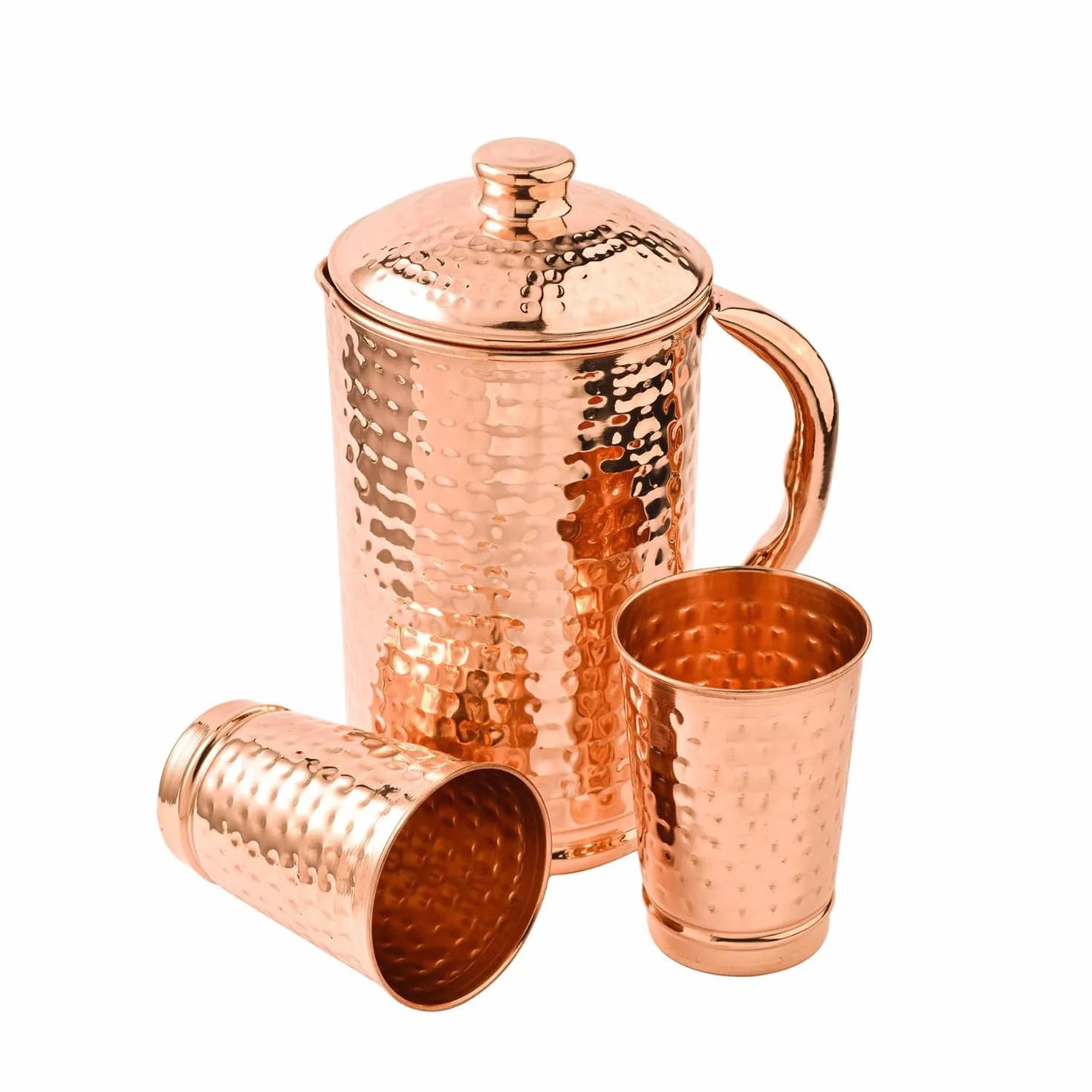 Jarra de cobre 100% puro de 1500 ml con 2 vasos, martillada de agua potable con vasos, juego de tapa y tazas, botella de agua con mango, beneficios para la salud