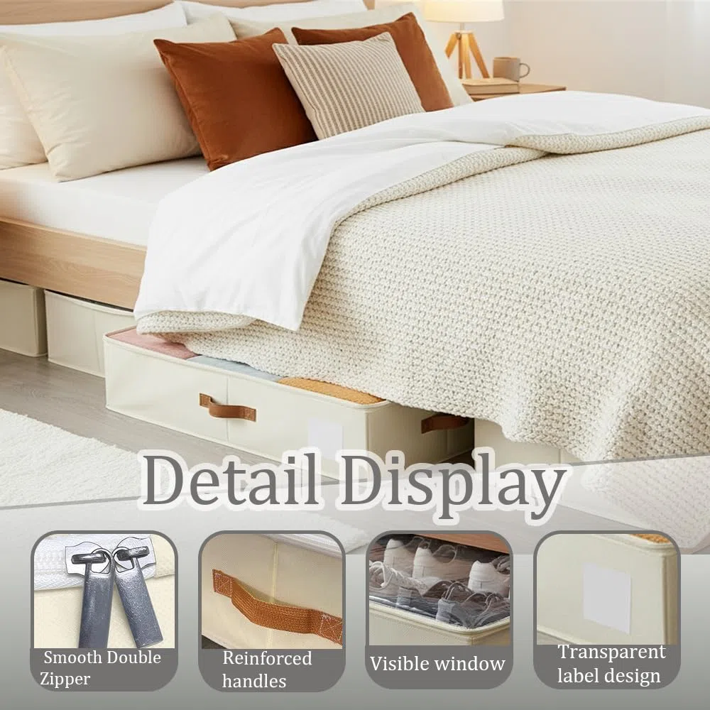 Contenedores de Almacenaje para Debajo de la Cama,Con placas de soporte alrededor y en la parte baja, 2 Piezas Arcones para Guardar Ropa Plegables (Beige, Con placa base)