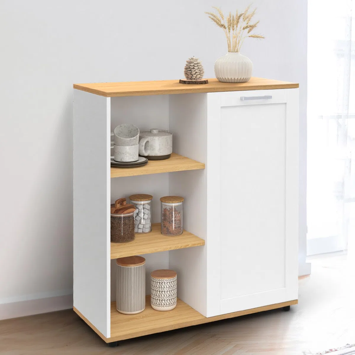 IDMarket - Aparador auxiliar VITO de 70 cm con 3 estantes y armario blanco y tablero de madera