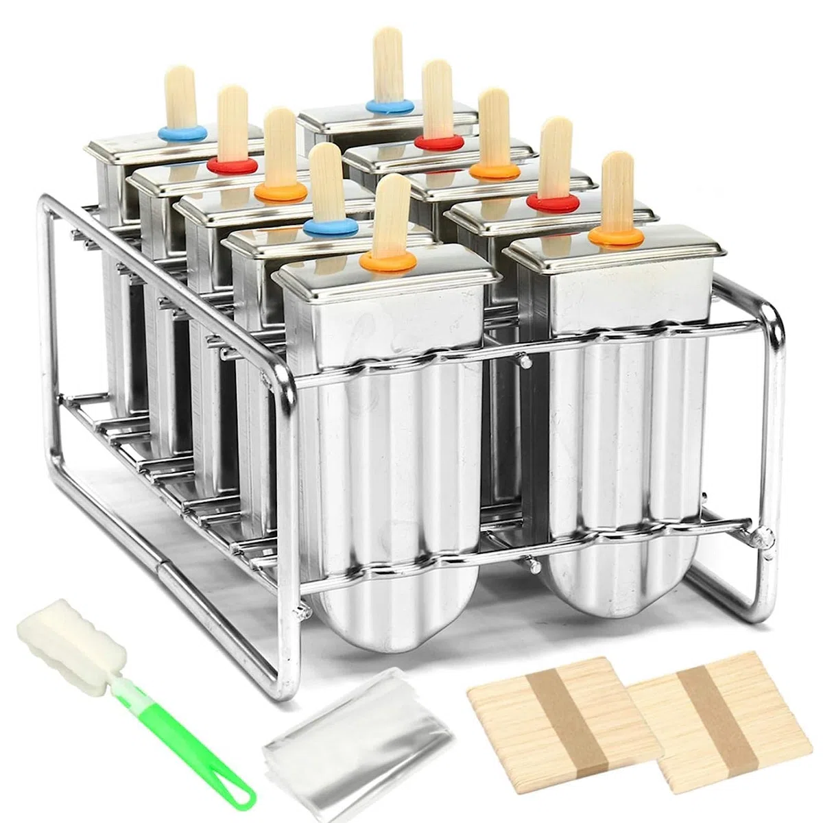 Juego de 10 moldes de acero inoxidable para helados o polos helados, perfectos para usar en el interior y en el exterior