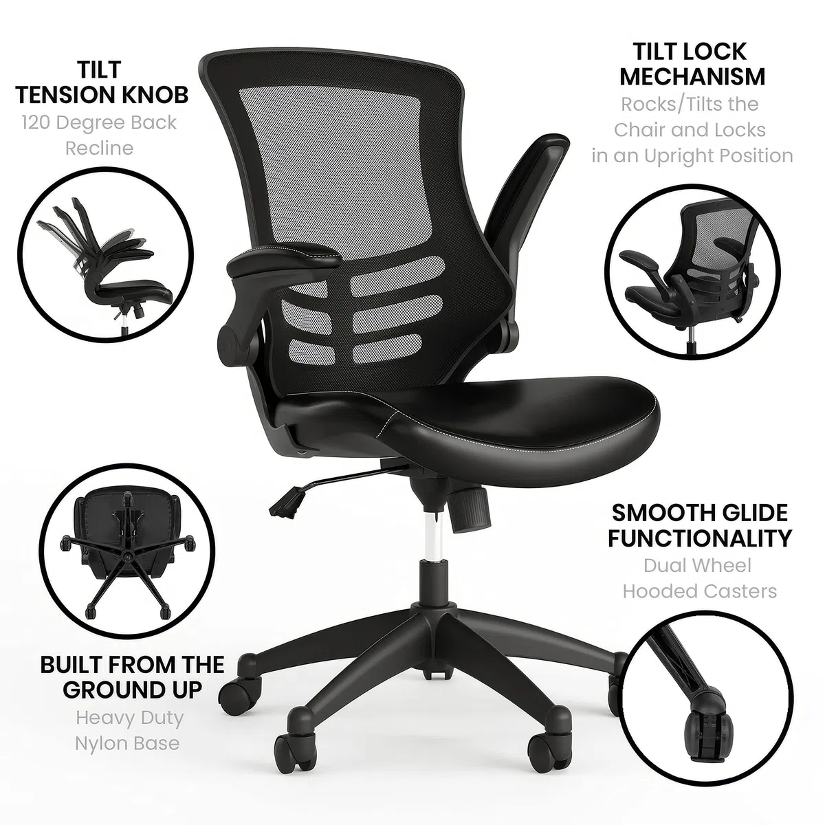 Flash Furniture Silla de oficina, ergonómica, con respaldo de malla, asiento perfilado y ajustable en altura, con palanca de inclinación con fijación, negro, 64,77 x 62,23 x 104,78 cm
