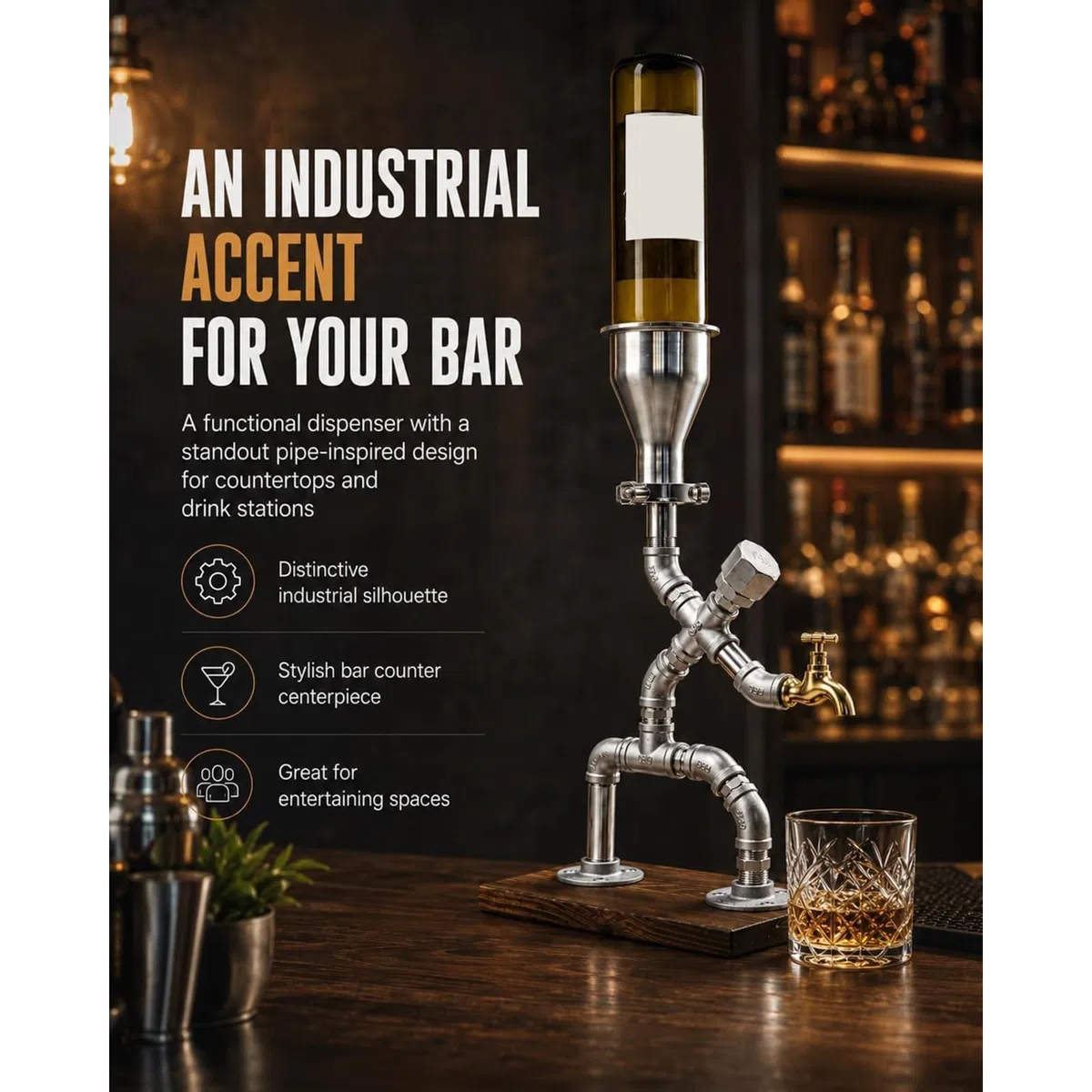Dispensador de bebidas por gravedad de estilo industrial, dispensador de licor artesanal estilo steampunk, robot camarero con diseño de tuberías industriales, para bar en casa o pub.