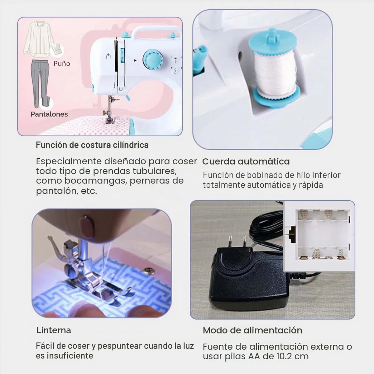 Máquina de Coser Eléctrica Doméstica Con 12 Puntadas, Doble Hilo Para Niños y Principiantes (Azul)