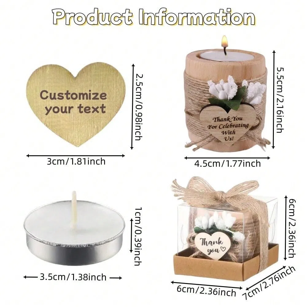 Favoritos de boda personalizados con velas, regalos de boda para invitados en paquete, portavelas de madera para tealight, boda rústica (50 piezas)