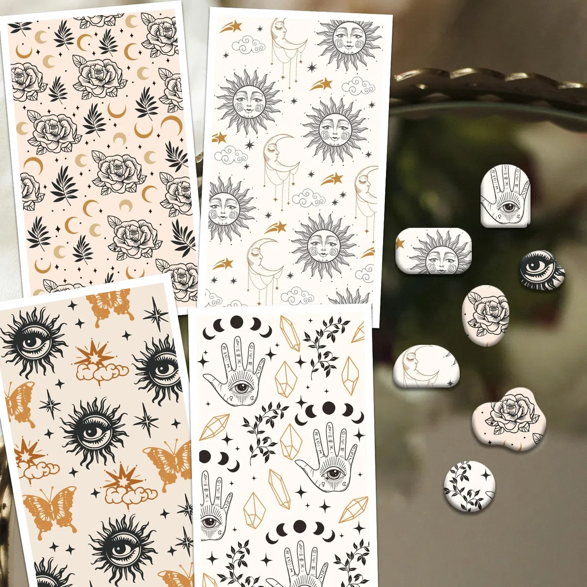 OLYCRAFT Papel de transferencia de arcilla bohemia, 4 diseños, 24 unidades, papel de transferencia para arcilla polimérica, sol, luna, hojas de transferencia de arcilla polimérica, papel de