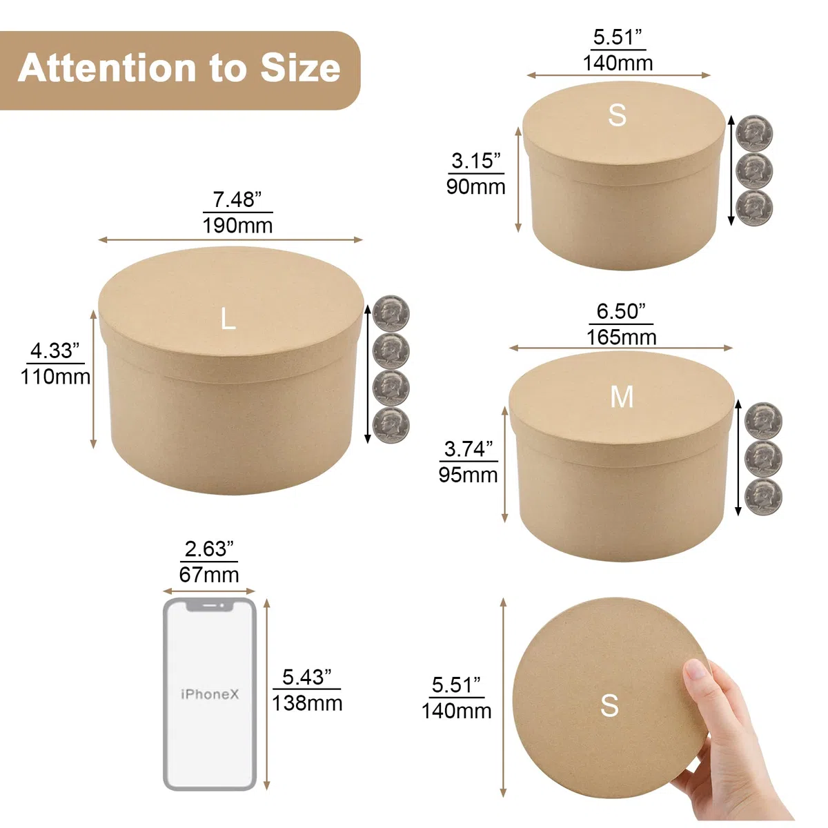 WANDIC Caja de papel maché, juego de 3 cajas redondas de papel maché para sombreros, recipientes de papel kraft con tapas, ideales para pintura, manualidades y almacenamiento, accesorios, cosméticos,