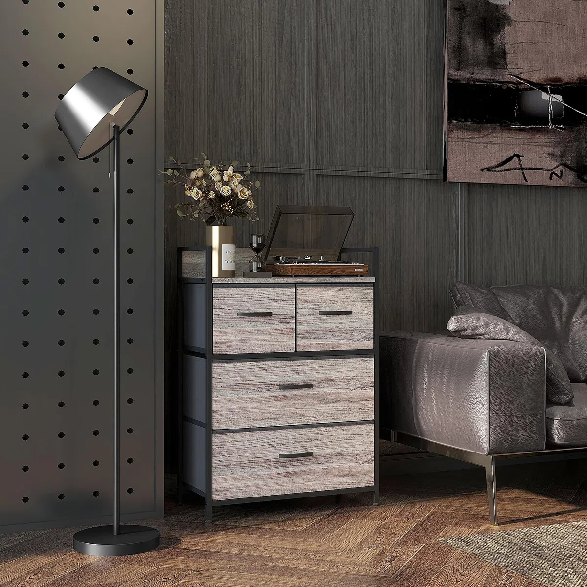 HOMCOM Cómoda con 4 Cajones de Tela Plegables, Cómoda para Dormitorio Industrial con Estante Abierto, Marco de Acero, Cajonera para Espacios Pequeños, Sala de Estar, Vestidor, Baño, Gris