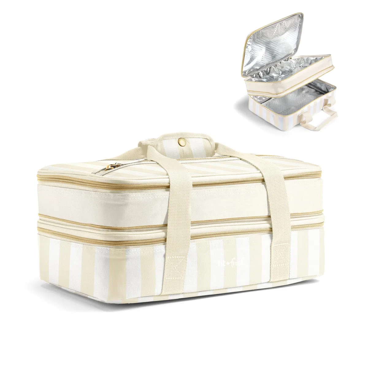 Fit & Fresh Cazuela aislada, transportador de alimentos de dos pisos para dos platos de 9 x 13 pulgadas, bolsa expandible de transporte de alimentos fríos y calientes con bolsillo con cremallera para