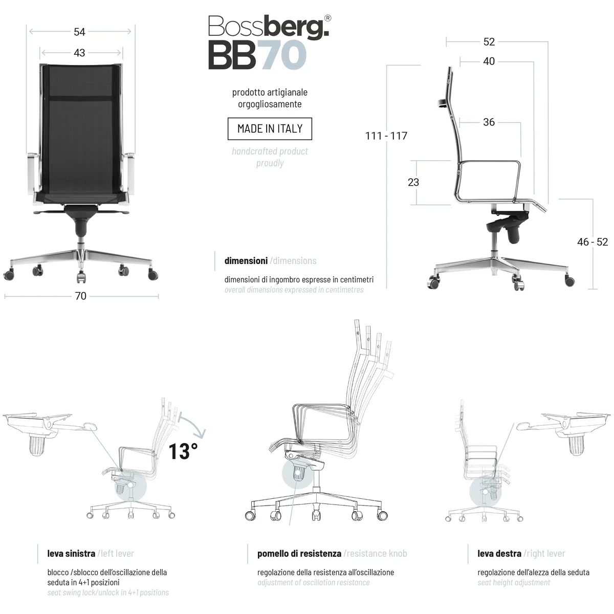 Silla de Escritorio Ergonómica, Silla de Oficina Giratoria con Apoyo Lumbar, Sillón de Despacho Ajustable y Cromado, Diseño Italiano - Cromado Negro