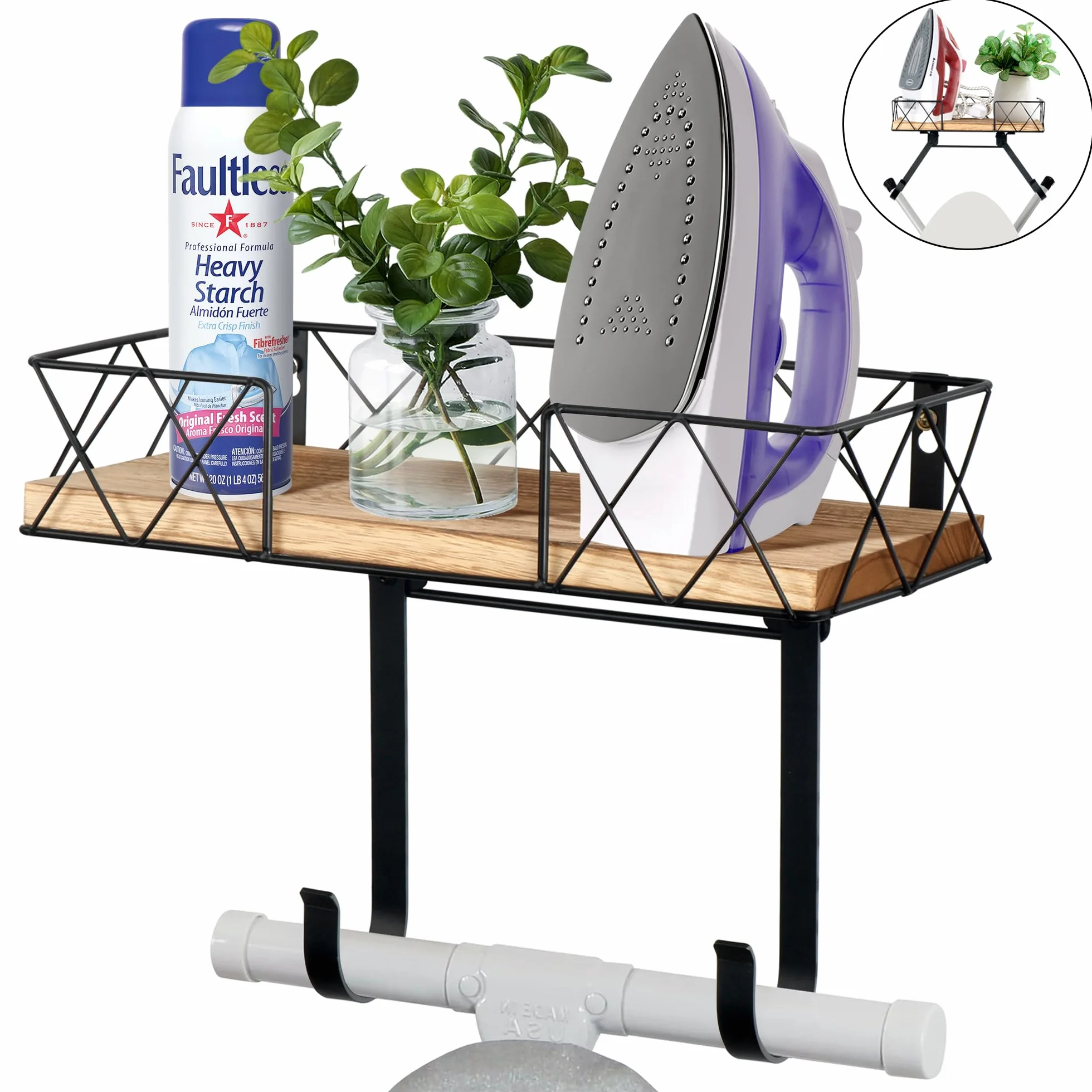 Soporte para Tabla de Planchar, Soporte para Tabla de Planchar con Cesta de Madera y Ganchos Ajustables, montado en la Pared, Ideal para baños, dormitorios, Color Negro