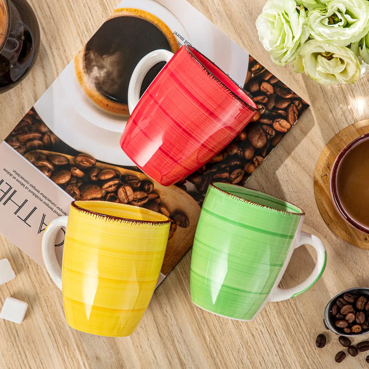 vancasso Serie Bonita Set 6 Tazas de Café, 360 ml Tazas Desayuno Mugs, Juego de Tazas de Leche, Tazas de Cerámica, Microondas y Lavavajillas, Pintados a Mano de Estilo, 6 Colores
