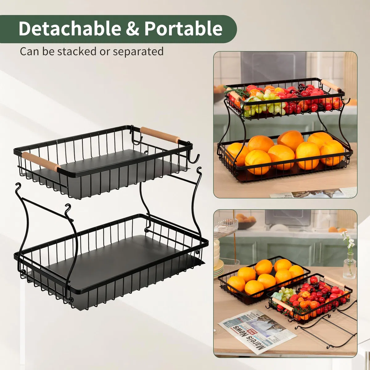 Romon Fruteros de Cocina, Cesta de Frutas de 2 Niveles con 2 Perchas de Plátano, Modernos Estantes Fruits Cuenco Verduras de Malla de Metal para Almacenamiento Mostrador Organizador Soporte, Negro