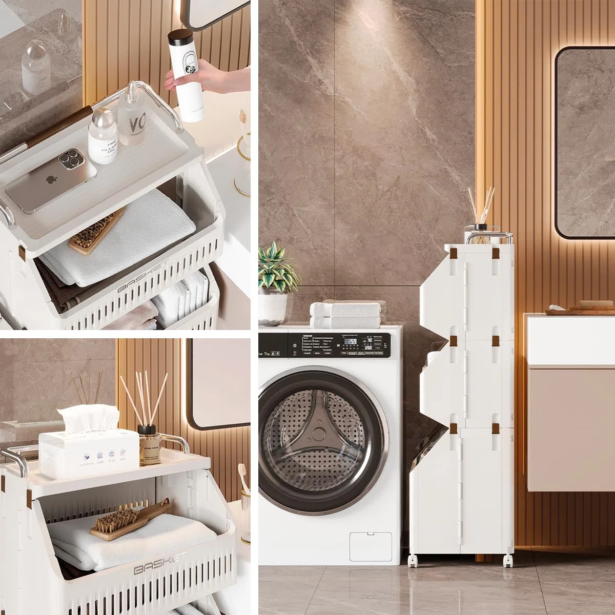 Carrito Auxiliar con Ruedas para Cocina. Armario Organizador Apilable para Baño. Cesto para Ropa Sucia. Carrito de Almacenamiento Multiusos. (2 Estantes)