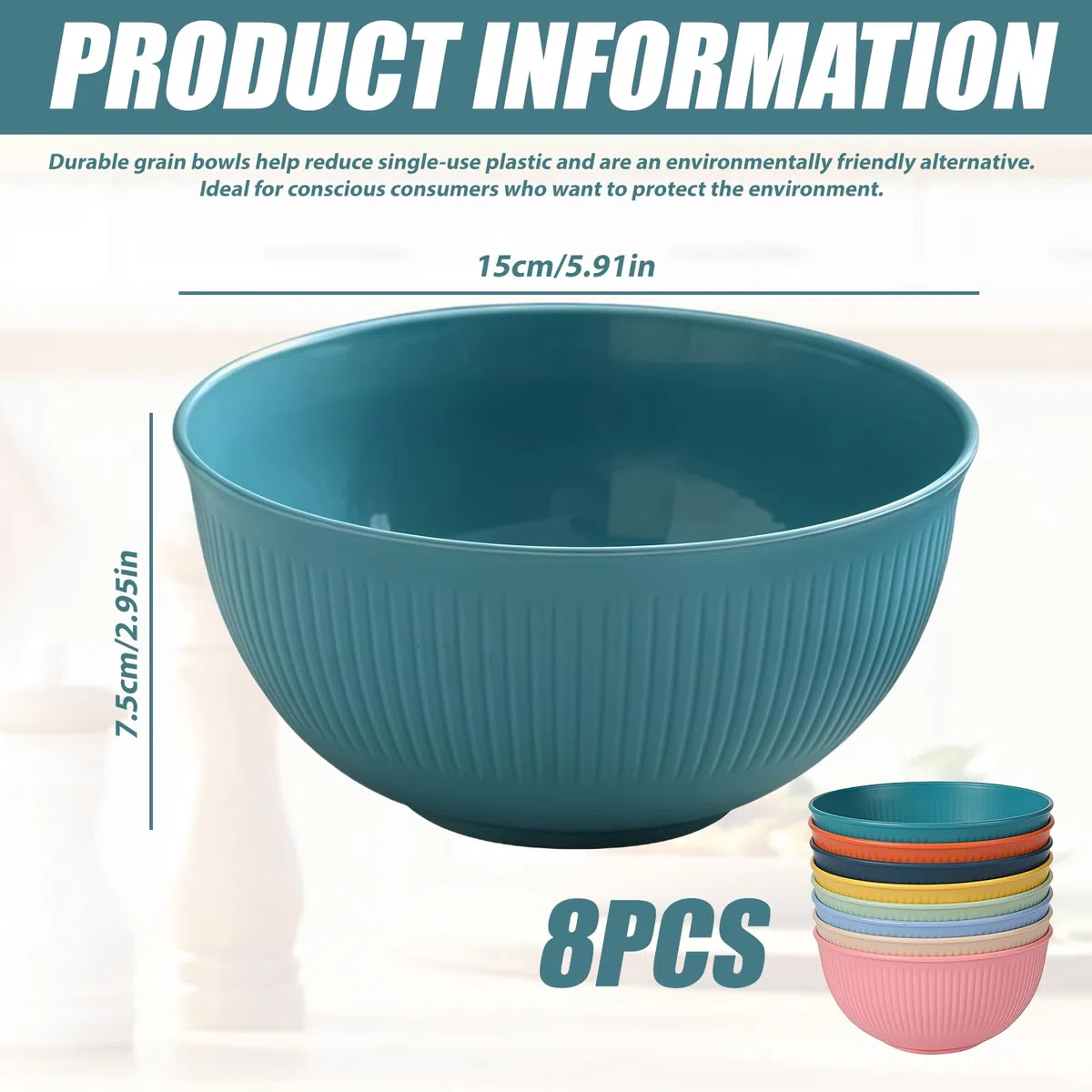 Juego de 8 cuencos de plástico irrompibles, reutilizables, para sopa, microondas y lavavajillas, 8 colores, 680 ml