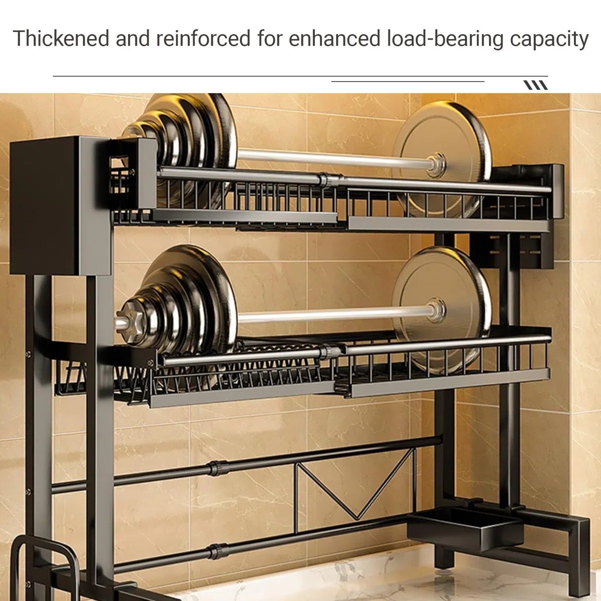 Escurridor de platos grande de metal con estantes para cubiertos y cesta extraíble, almacenamiento de vajilla de doble capa para platos, cuencos, utensilios