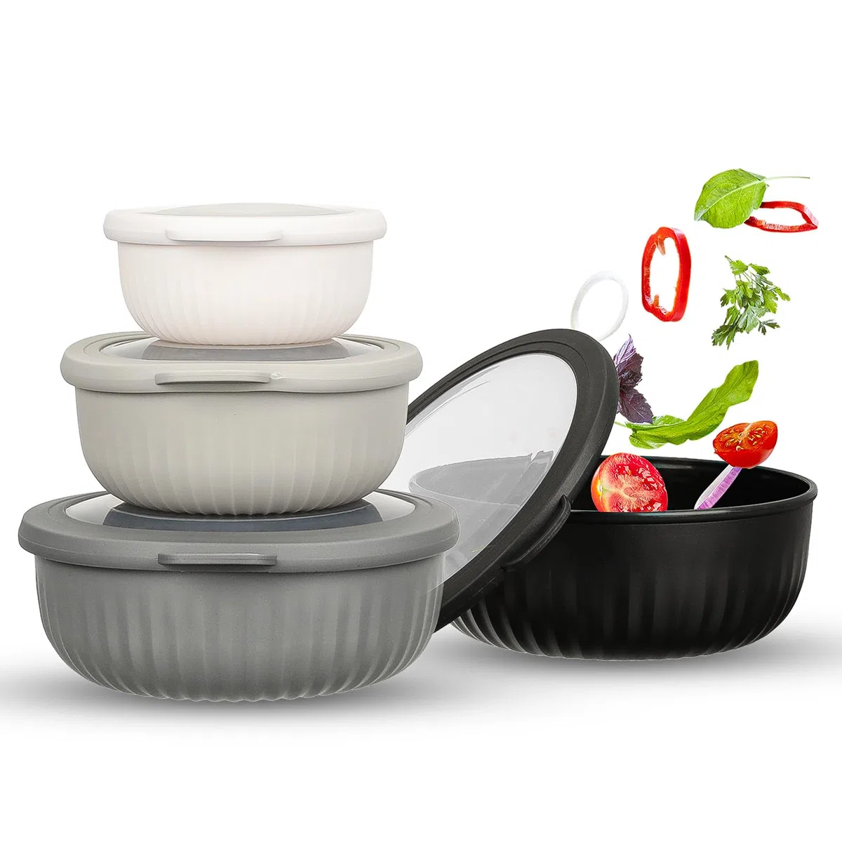 VINATO Bowl 4 Piezas (0.4L/0.78L/1.4L/2.2L) TPE+PP Sin BPA - Apto Microondas, Lavavajillas y Nevera | Bowls Cocina | Ensaladera Grande Con Tapa, Negro