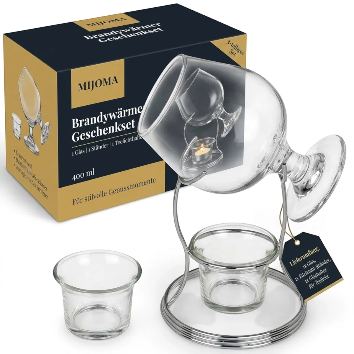 MIJOMA Brandy Warmer Set de regalo – Calentador de coñac con cristal giratorio de 400 ml, soporte de acero inoxidable y portavelas de cristal, aroma para los amantes