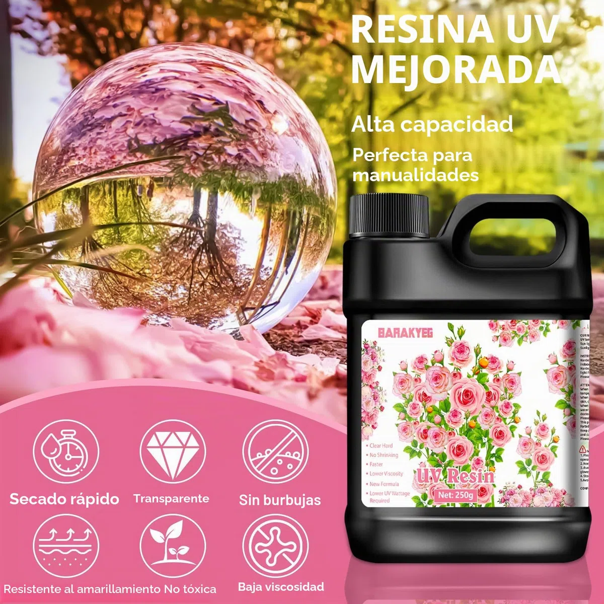 BARAKYEG Resina UV 500g,Resina Epoxi UV,lampara UV resina,Fabricación de Joyas,Resinade curado ultravioleta dura y transparente,Mejorada Transparente para Joyería DIY,Moldes,Manualidades