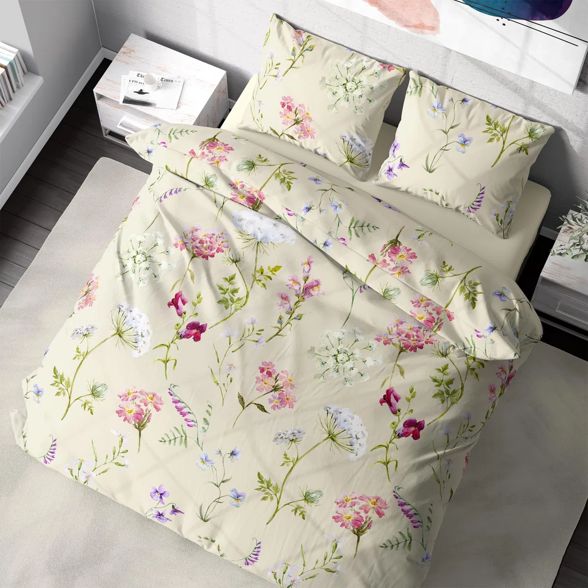 Ropa de cama prémium de 135x200 cm, diseño de flores, color beige, 100% transpirable, agradable algodón, con cremallera, 2 piezas, funda nórdica de 135x200 cm y funda de almohada de 80x80 cm