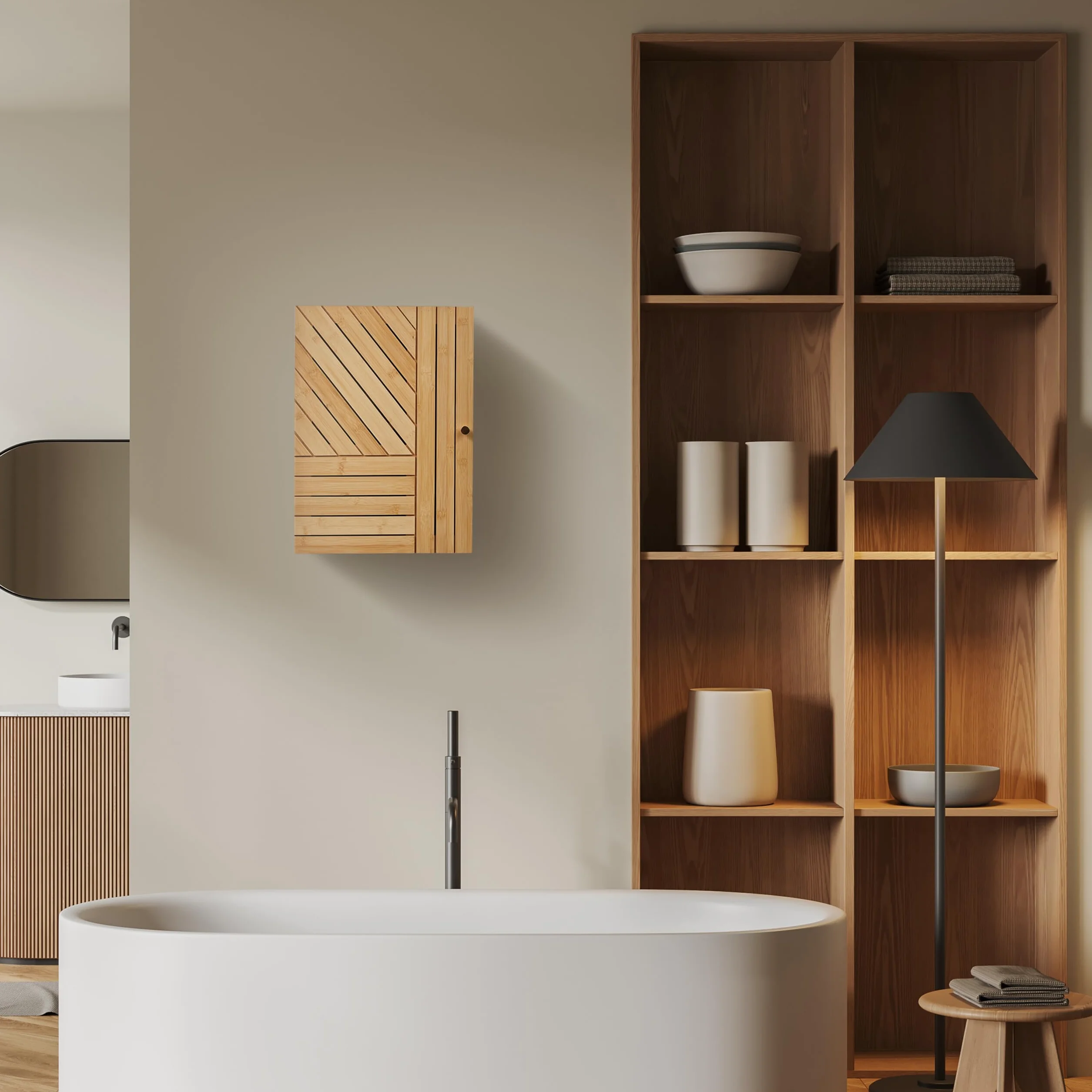 Relaxdays Mueble de Baño para Pared con Puerta de Montaje Variable, Bambú, Balda Regulable, 55 x 40 x 20 cm, Natural