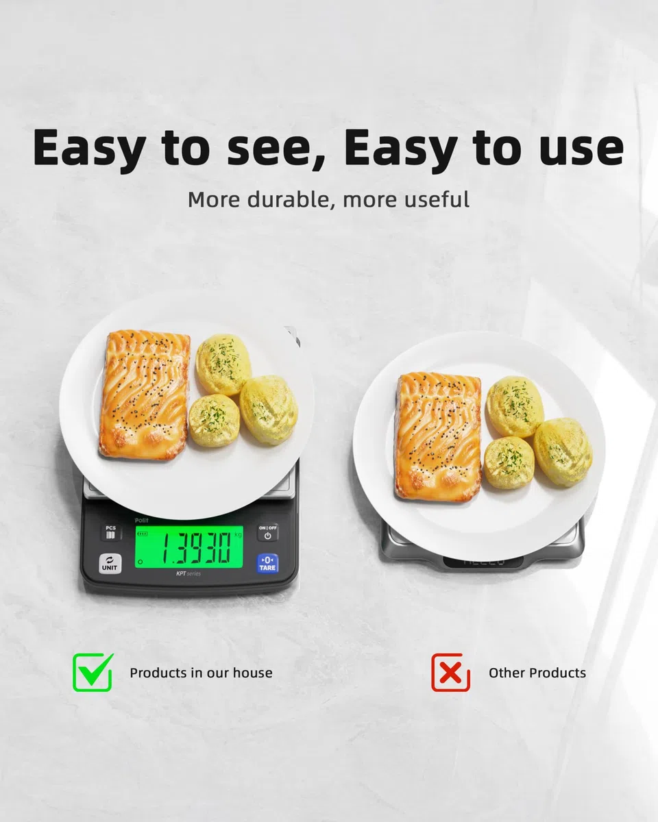 Polit Báscula digital de cocina KPT EVO, 13 lb/6 kg, peso gramos, 0,5 g, precisión, acero inoxidable con pantalla LCD, recargable, función de tara, 4 unidades para hornear y cocinar