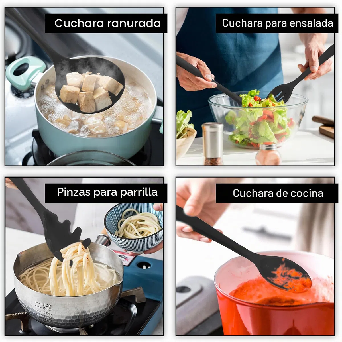 Joyfair - Juego de 15 utensilios de cocina de silicona resistente al calor con soporte para utensilios de cocina antiadherentes, apto para lavavajillas, color negro